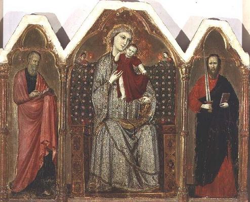 Madonna and Child Enthroned, with SS. John the Evangelist and Paul, Riminese School (triptych panel) from Italian School, (14th century)