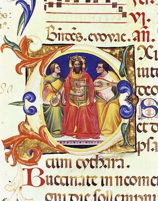 Ms. 559 f.155v Historiated initial 'O' depicting King David and two angels, from the Psalter of Sant from Italian School, (14th century)