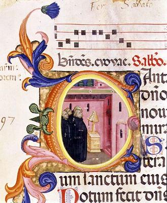 Ms 559 f.176f Historiated initial 'C' depicting monks looking at a text, from the Psalter of Santa M from Italian School, (14th century)
