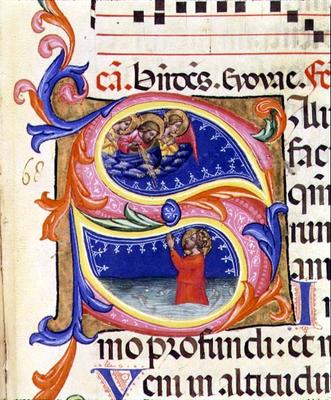 P 68 V Historiated initial 'S' depicting a male saint in water praying to angels above, Italian, 14t from Italian School, (14th century)