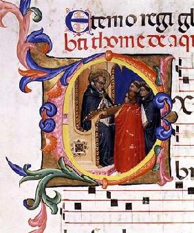 Ms 559 f.285v Historiated initial 'O' depicting a monk at a lectern conversing with other monks, fro