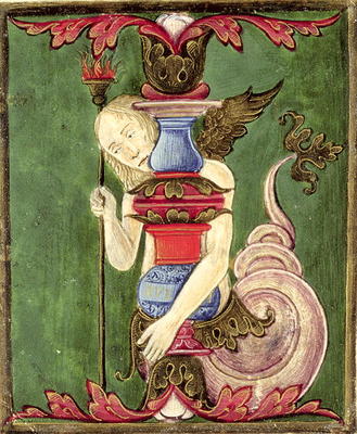 Historiated initial 'I' depicting a Winged Mermaid (vellum) from Italian School, (15th century)