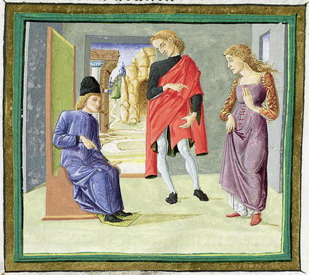 Man and woman before their judge, from 'Decretum Gratiani' (vellum) from Italian School, (15th century)