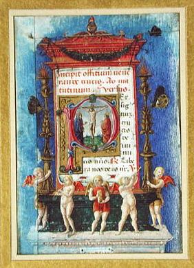 Historiated initial 'P' depicitng the Crucifixion, page from a Book of Hours (vellum)