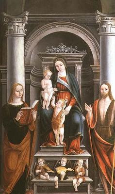 Madonna and Child receiving a rose from the Infant St. John the Baptist, with saints and angels by M from Italian School, (16th century)
