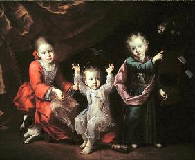 Three Children in an Interior Surrounded by their Pets, c.1680 (oil on canvas)