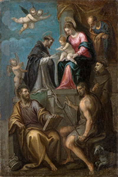 Madonna and Child Enthroned, with SS. Joseph, Domenic, Bartholomew, John the Baptist and Francis from Italienischer Meister der zweiten Hälfte des 16. Jahrhunderts