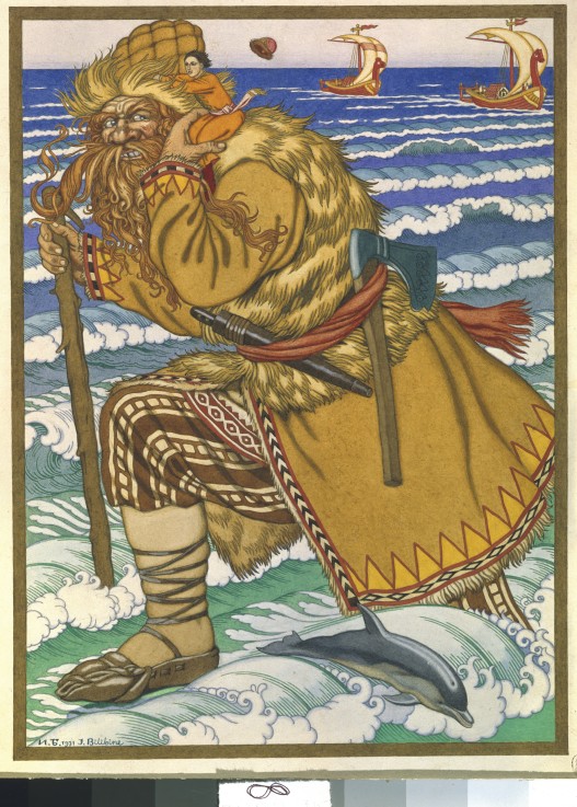 The giant carried Ivan on his shoulders back across the sea from Ivan Jakovlevich Bilibin