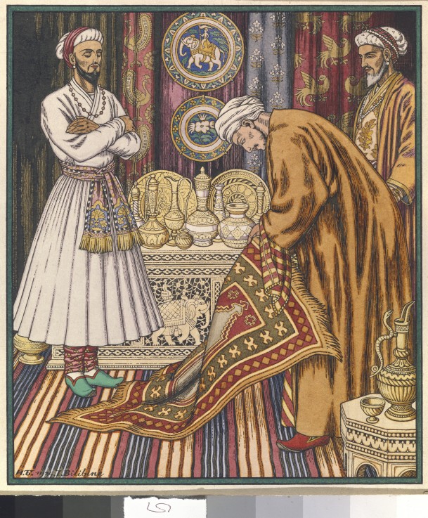 Prince Ali buying a carpet. Illustration for Arabian Fairy Tales from Ivan Jakovlevich Bilibin