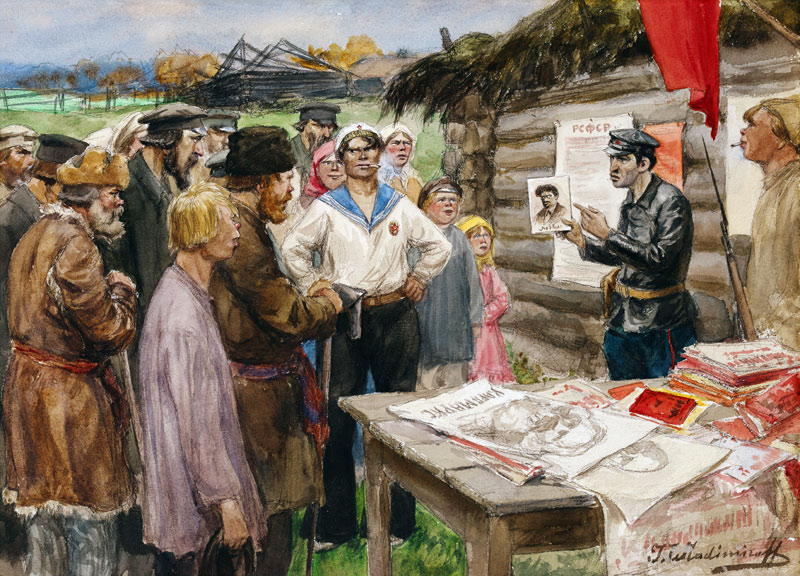 Die Lehrstunde des Kommunismus im Dorf (Aus der Aquarellserie Russische Revolution) from Iwan Alexejewitsch Wladimirow