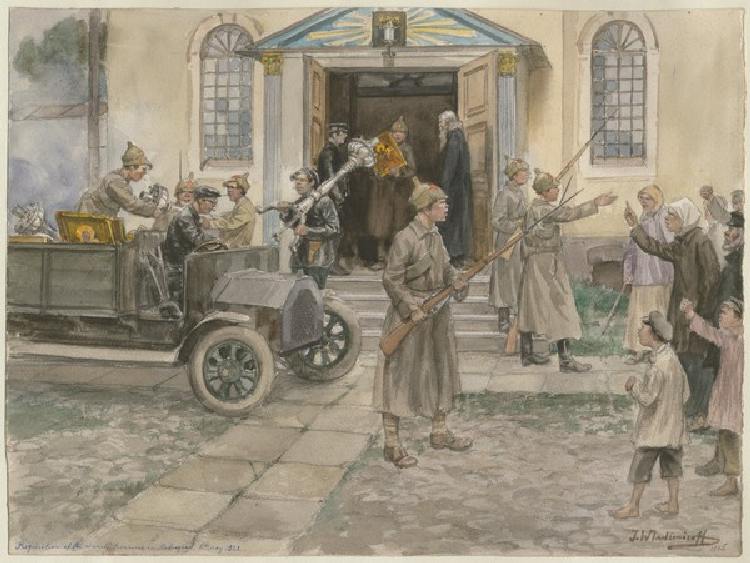 Die Beschlagnahme der Kirchenschätze durch Rotarmisten in Petrograd am 5. Mai 1922 (Aus der Aquarell from Iwan Alexejewitsch Wladimirow