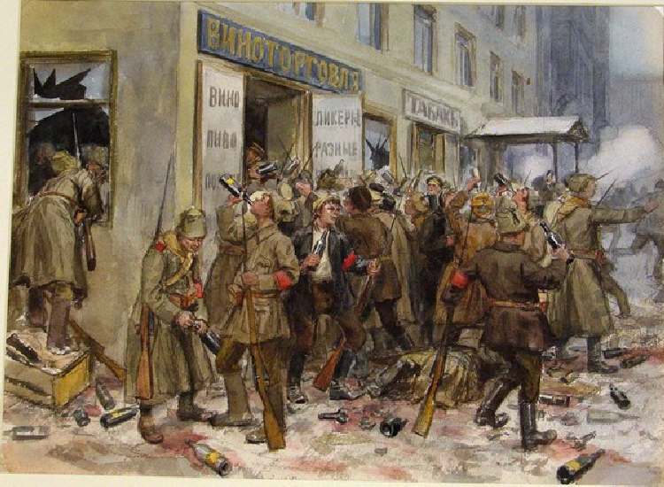 Revolutionäre Arbeiter und Soldaten plündern ein Weinladen in Petrograd (Aus der Aquarellserie Russi from Iwan Alexejewitsch Wladimirow