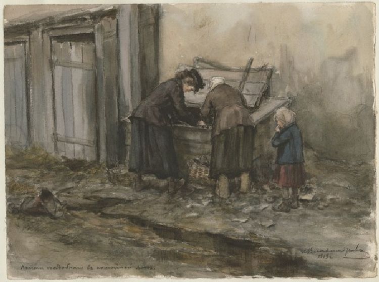 Zwei Frauen und Kind, die in den Mülltonnen nach Essbarem suchen (Aus der Aquarellserie Russische Re from Iwan Alexejewitsch Wladimirow