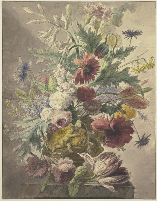 Blumenstrauß in einer Vase mit Basrelief, vorne liegt eine Rose und eine Tulpe from J. H. van Loon