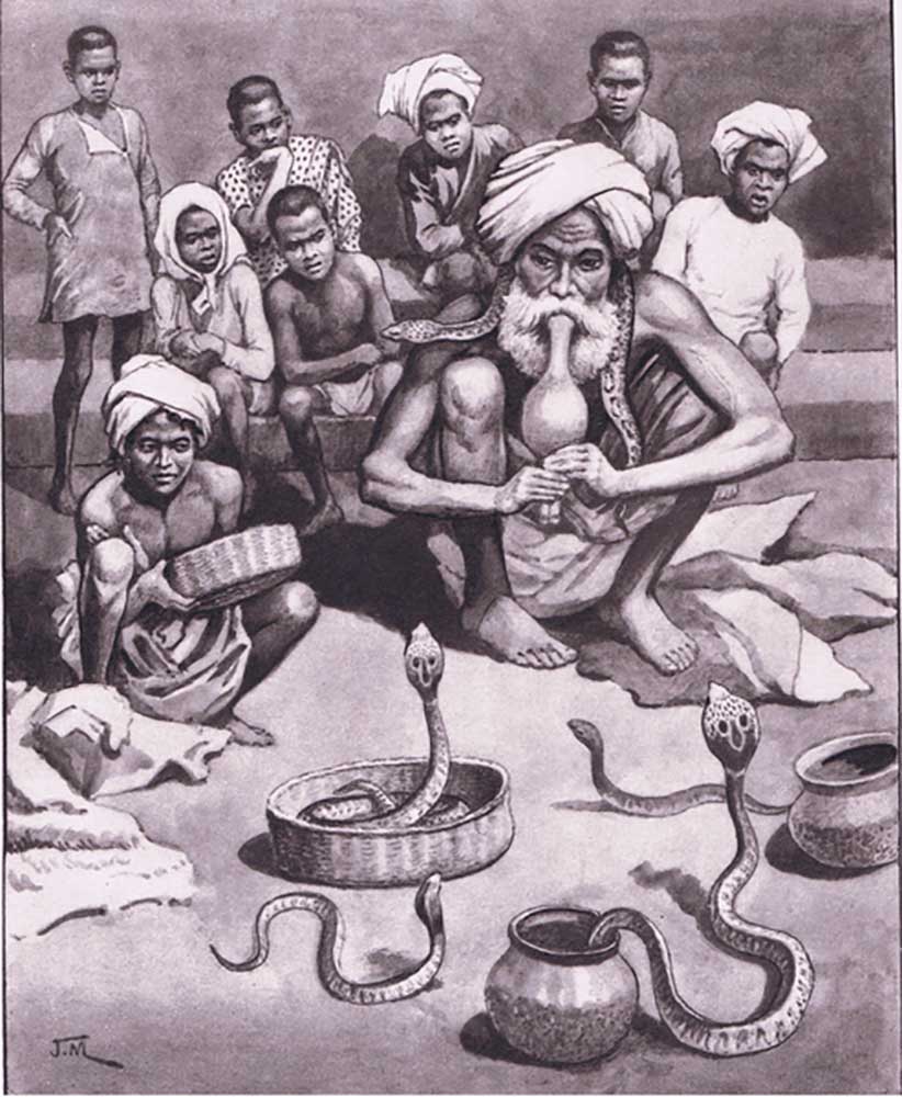 A snake charmer in India, from MacMillan school posters, c.1950-60s from J. Macfarlane