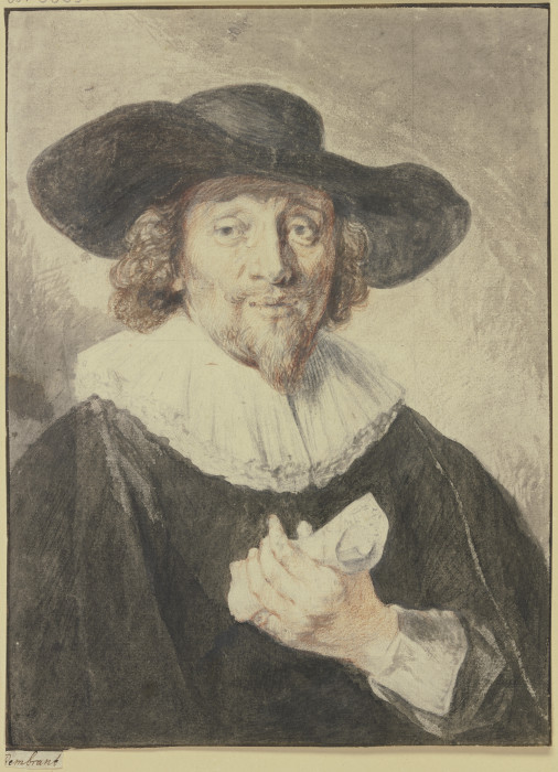 Brustbild eines schwarz gekleideten Mannes, er hat den Hut auf dem Kopf und eine Papierrolle in der  from Jacob Adriaensz. Backer