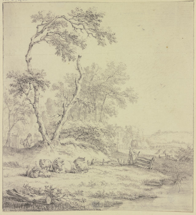 Bei einer Baumgruppe an einem Zaun liegendes Vieh, rechts eine Frau mit einem Eimer from Jacob Cats