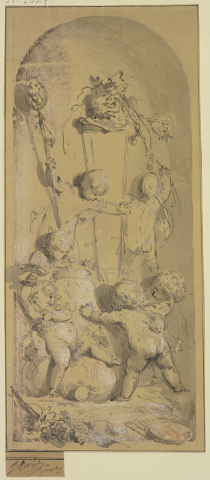 Amoretten schmücken in einer Nische eine Panstatue from Jacob de Wit