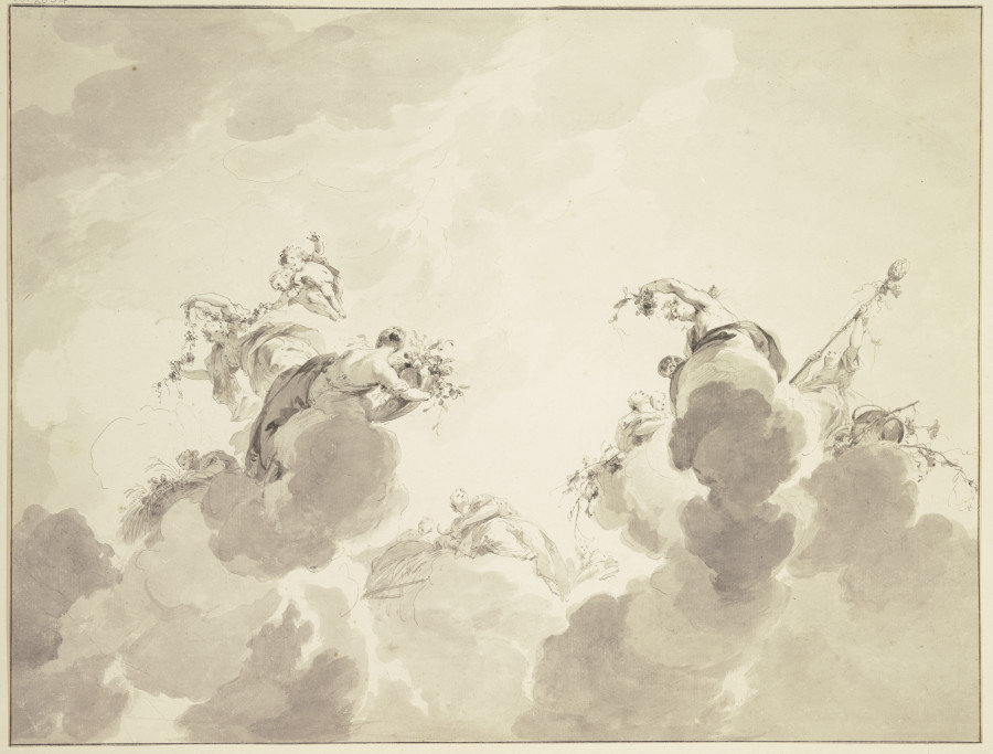 Bacchus, Ceres und Flora mit Gefolge in Wolken schwebend from Jacob de Wit
