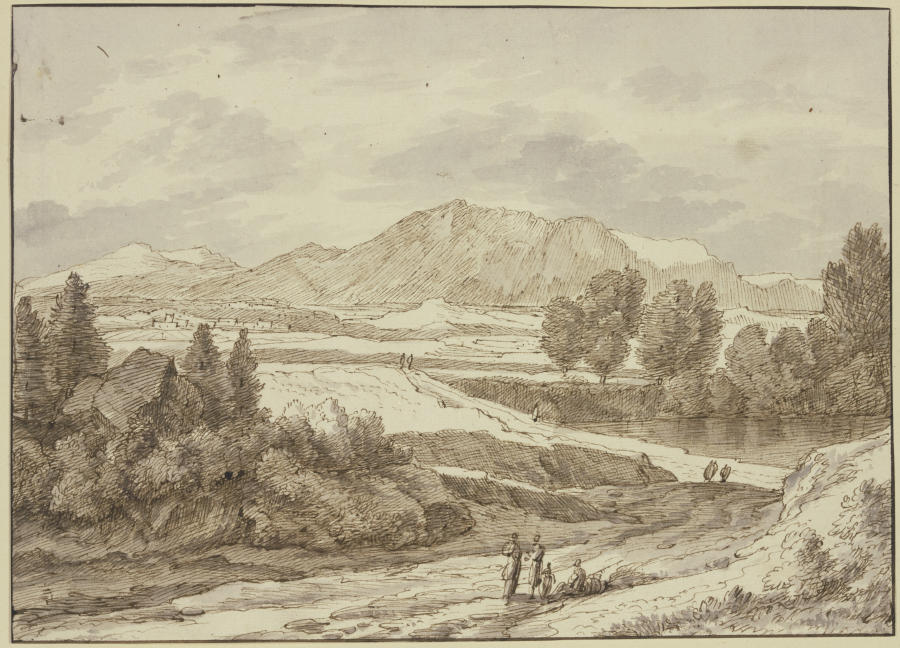 Ebene vor dem Gebirge, rechts ein See, auf dem Weg verschiedene Figuren from Jacob Esselens
