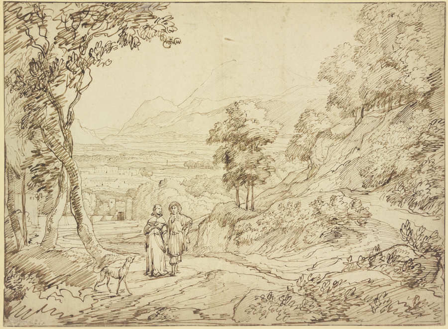 Landschaft, auf dem Weg ein Herr und eine Dame mit einem Windhund from Jacob Esselens