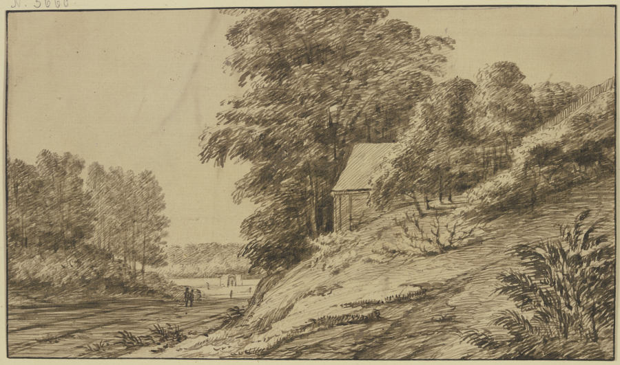 Landstraße durch den Wald, rechts unter hohen Bäumen auf einem Abhang eine Hütte from Jacob Esselens