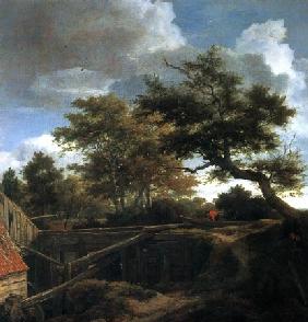Woodland landscape with rear view of a water-mill