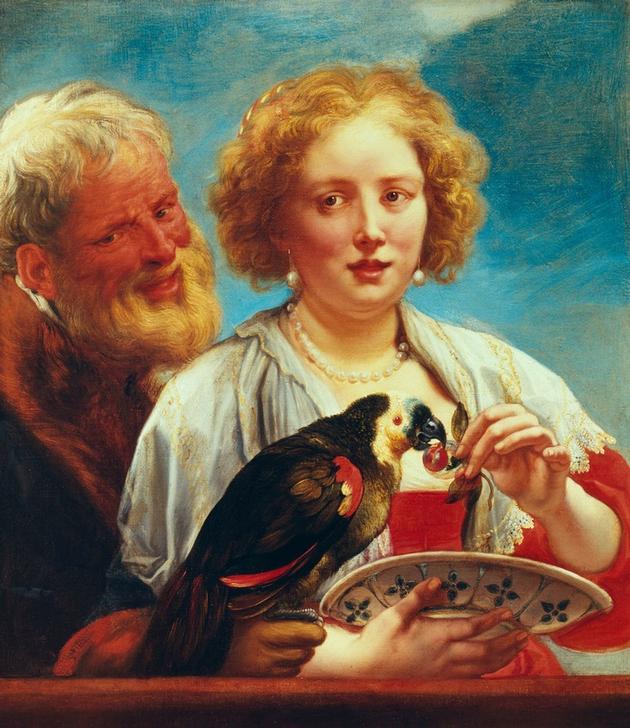 A young woman with an old mann and a parrot, from Jacob Jordaens