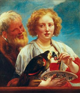 A young woman with an old mann and a parrot,