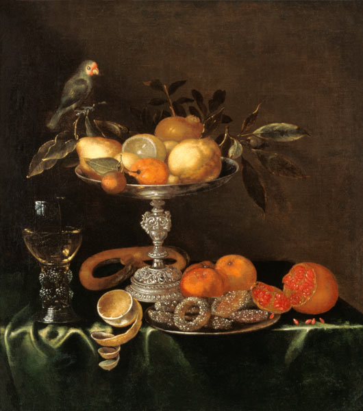 Quiet life with roman, silver Tazza, fruits, pastries and bird from Jacob Marrel