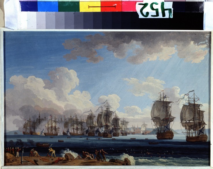 The naval Battle of Chesma on 5 July 1770 from Jacob Philipp Hackert