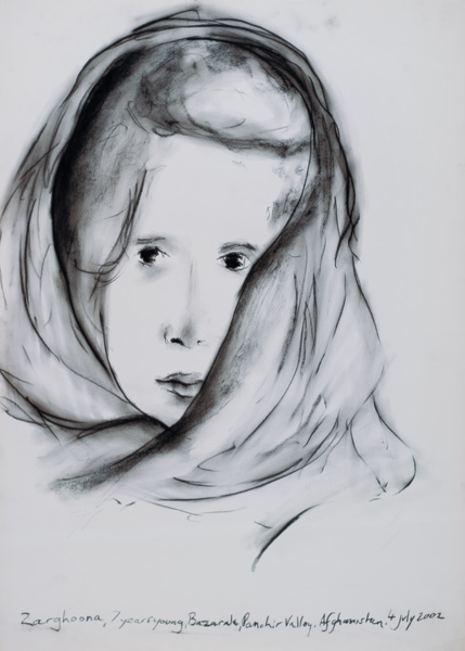 Zarghoona, Panshir Valley, Afghanistan, 4th July 2002 (charcoal on paper)  from Jacob  Sutton