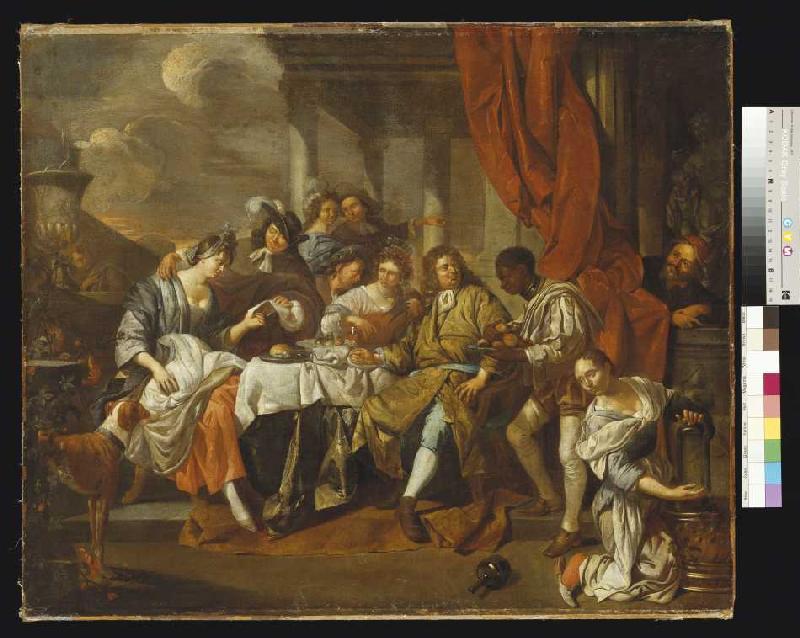 Festive banquet on a terrace from Jacob Toorenvliet