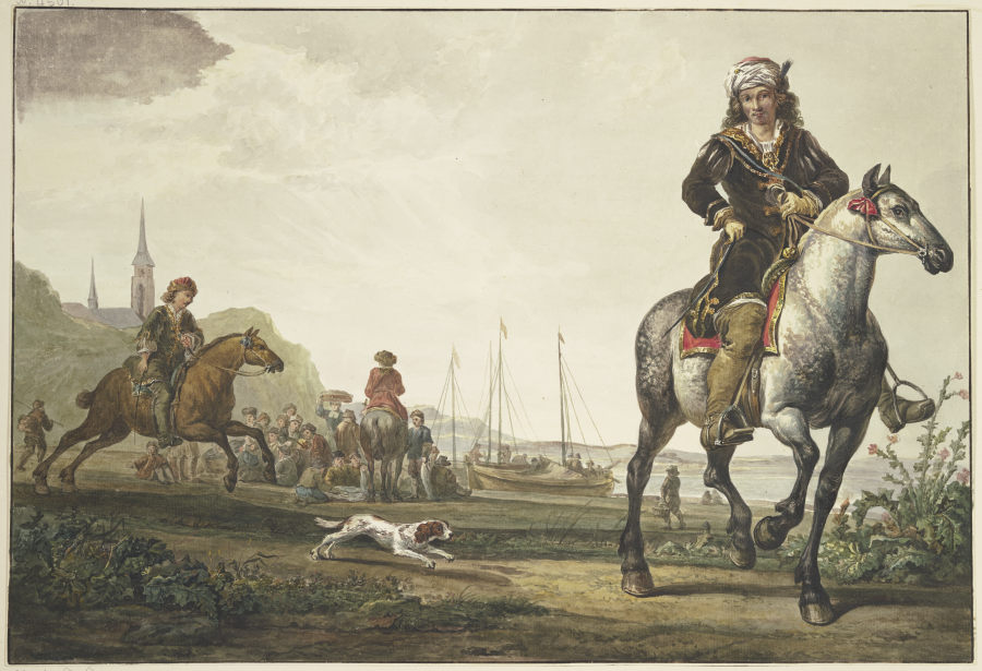 Am Ufer eines Flußes sitzt viel Volk bei den Schiffen, vorne rechts ein reich gekleideter Reiter mit from Jacob van Strij