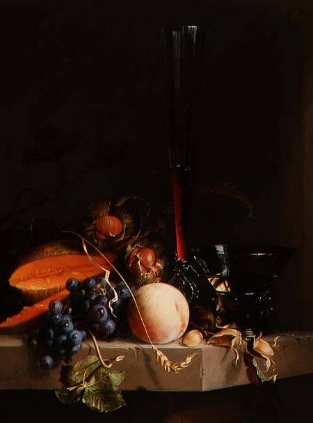 Still life of fruit on a ledge with a roemer and a wine glass from Jacob van Walscapelle