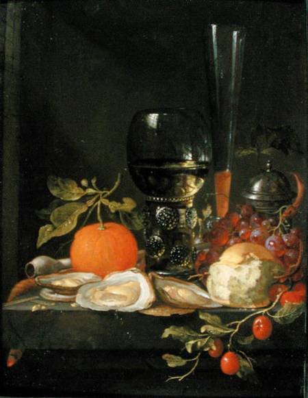 Still Life of Oysters, Grapes, Bread and Glasses on a Ledge from Jacob van Walscapelle