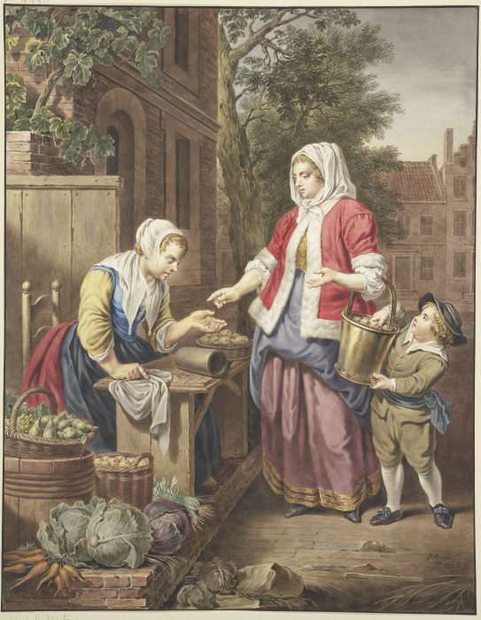 Eine Dame mit einem Knaben kauft Äpfel ein from Jacobus Buys