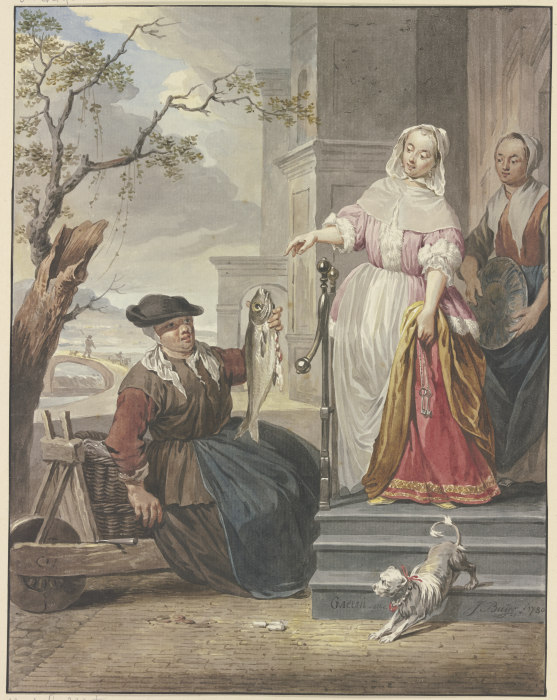 Eine Dame steht mit ihrer Magd vor ihrem Haus und handelt mit einer Fischverkäuferin from Jacobus Buys