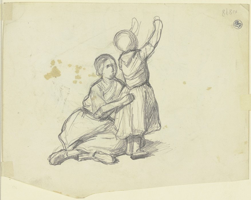 Auf dem Boden sitzende Frau mit einem neben ihr stehenden kleinen Mädchen mit erhobenen Armen from Jakob Becker