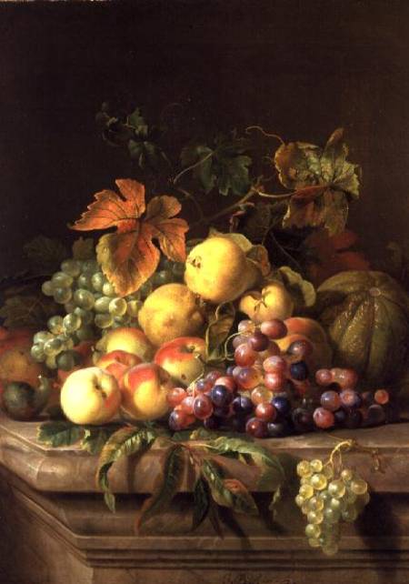A Still Life of Melons, Grapes and Peaches on a Ledge from Jakob Bogdani or Bogdany
