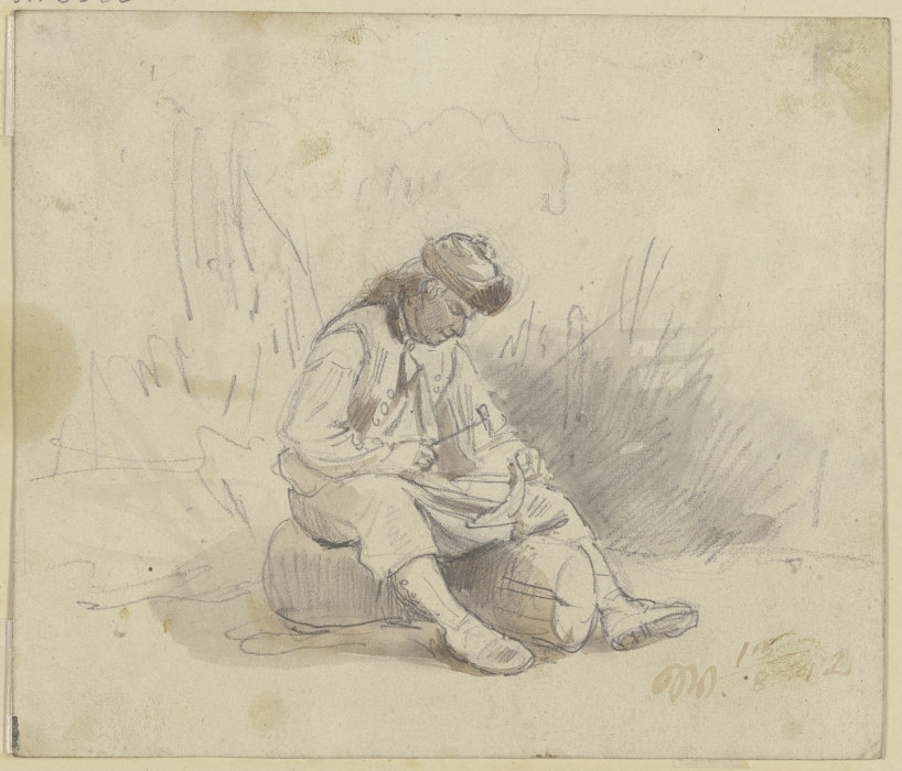 Ein Bauer sitzt auf einem Stück Holz und dengelt seine Sense from Jakob Furchtegott Dielmann