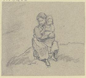 Ein Mädchen hält ein Kind auf dem Schoß und sitzt auf einem kleinen Abhang, das Kind hat die Hand zu