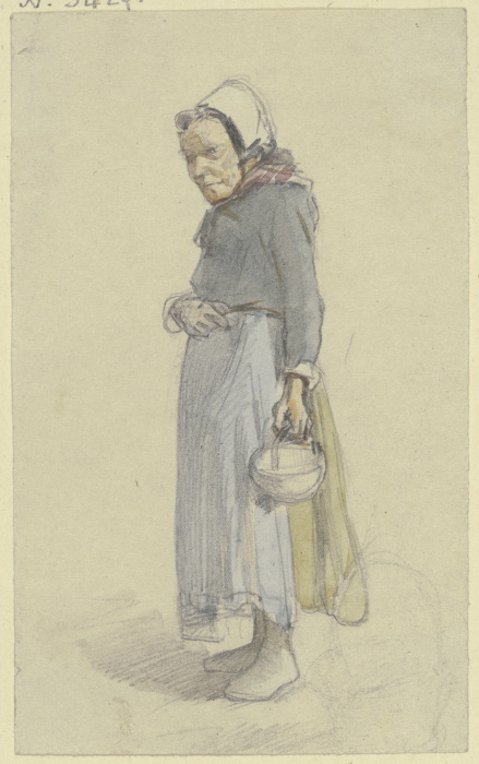 Eine alte Frau nach links gewandt, in der herabhängenden Linken ein Körbchen tragend from Jakob Furchtegott Dielmann