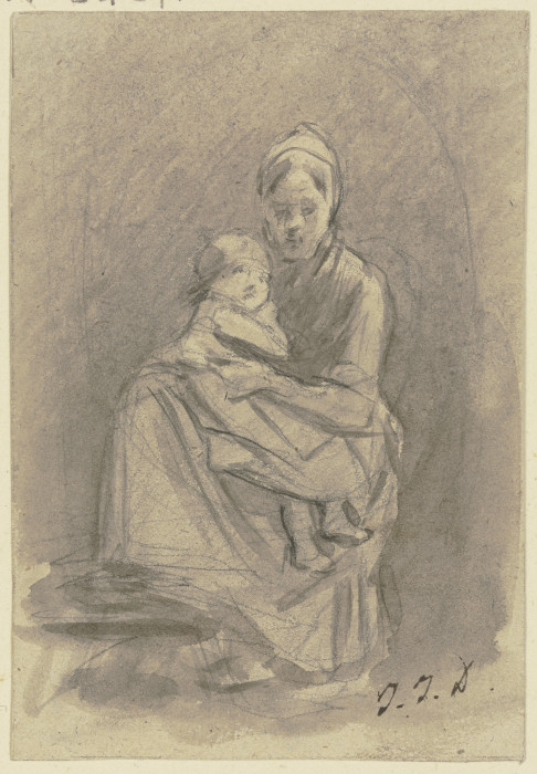 Eine Frau hält ein Kind auf dem Schoß, der Kopf nach vorne, der Körper nach links gewendet from Jakob Furchtegott Dielmann