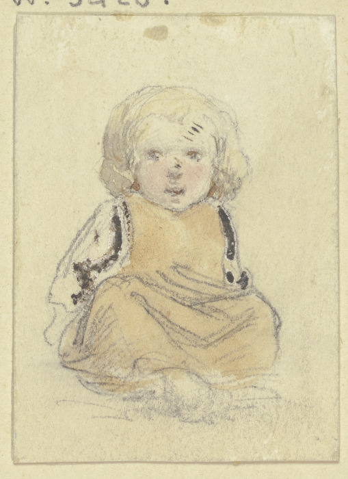 Sitzendes kleines blondes Kind in gelbem Kleidchen, von vorn from Jakob Furchtegott Dielmann