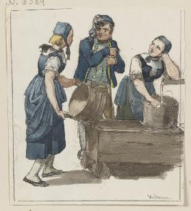 Zwei Mädchen und ein Bursche am Brunnen