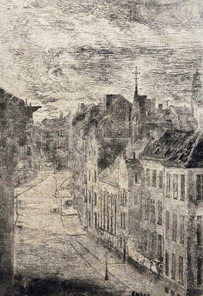 Boulevard Van Iseghem in Ostend, 1889, by James Ensor (1860-1949), etching, 93x132 cm. Belgium, 19th from James Ensor