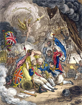 The Death of Admiral Lord Nelson at the Moment of Victory! published by Hannah Humphrey in 1805 (han from James Gillray