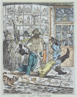 Very Slippy Weather, engraved by J. Sidebotham (colour litho) from James Gillray