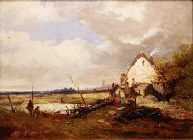 Anglers by a Cottage on a River Bank